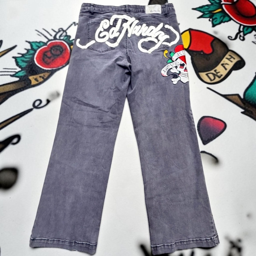Ed Hardy Black Faded Denim Jeans Mens 34 Early 2000s Love Kills Slowly Skull Art